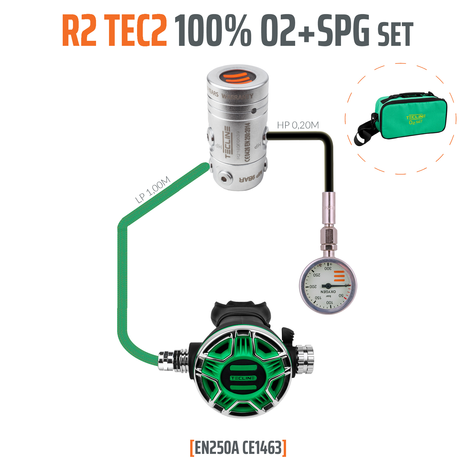 Regulator R2 TEC2 100% O2 M26x2 with SPG, stage set - EN250A – Tecline