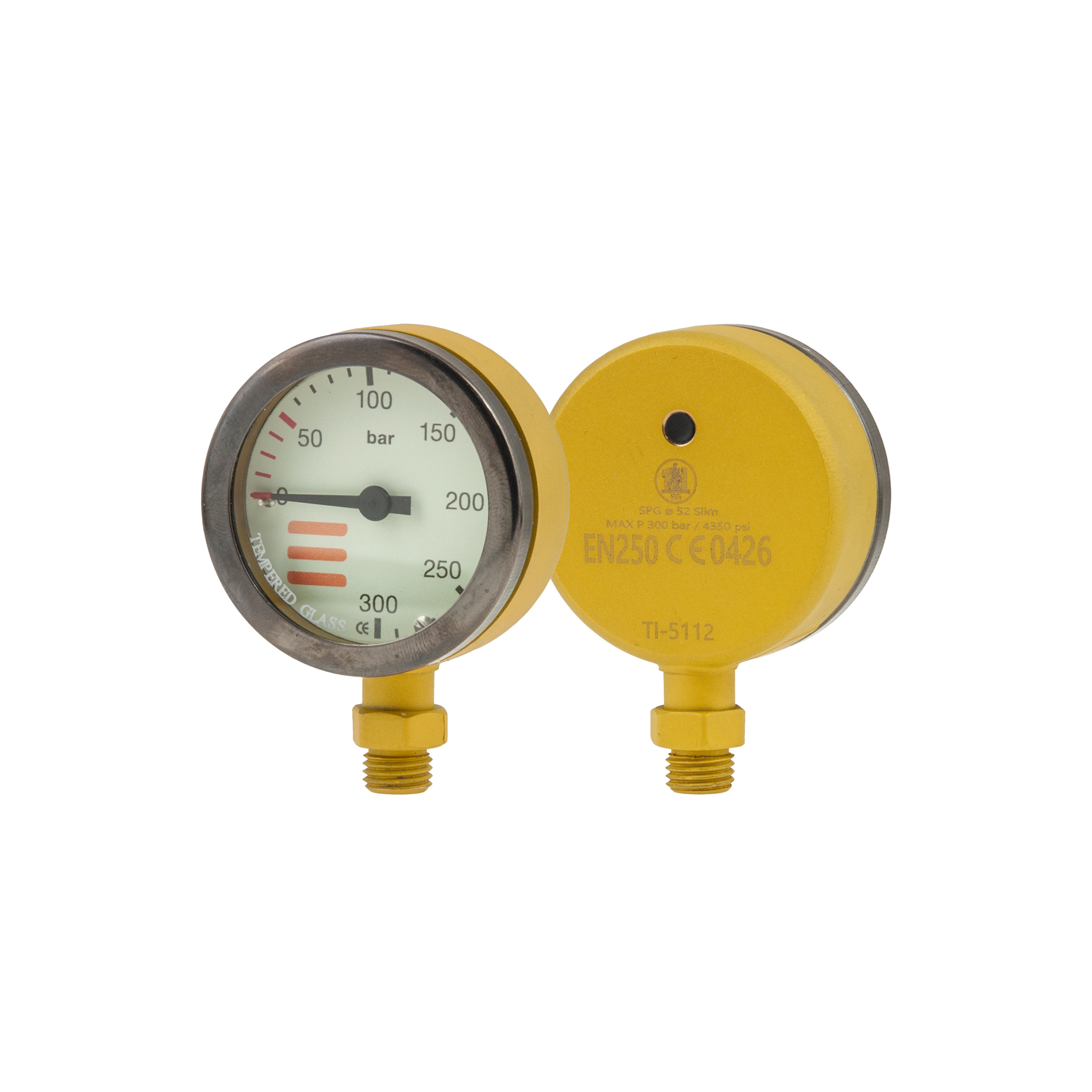 SPG diam 52 mm, scale 300 bar, working pressure 230 bar, yellow - head only – Tecline