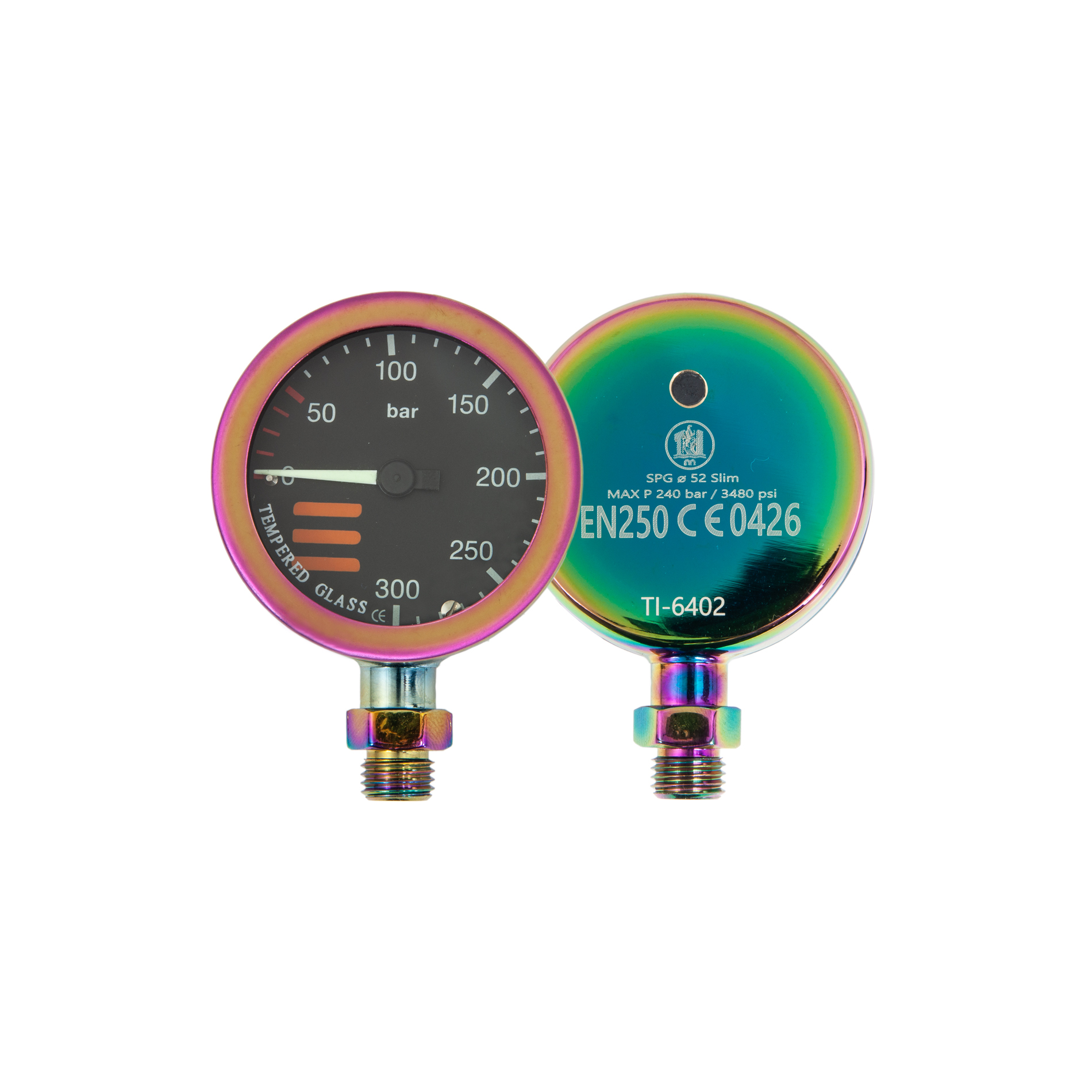 SPG diam 52 mm, scale 300 bar, working pressure 230 bar, rainbow PVD coating - head only – Tecline