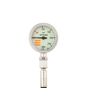 SPG diam 52 mm O2, scale 300 bar, working pressure 230 bar, nickel, 20 cm HP hose, without cover – Tecline
