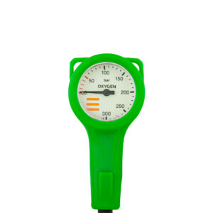 SPG diam 52 mm O2, scale 300 bar, working pressure 230 bar, 15 cm HP hose, green cover – Tecline