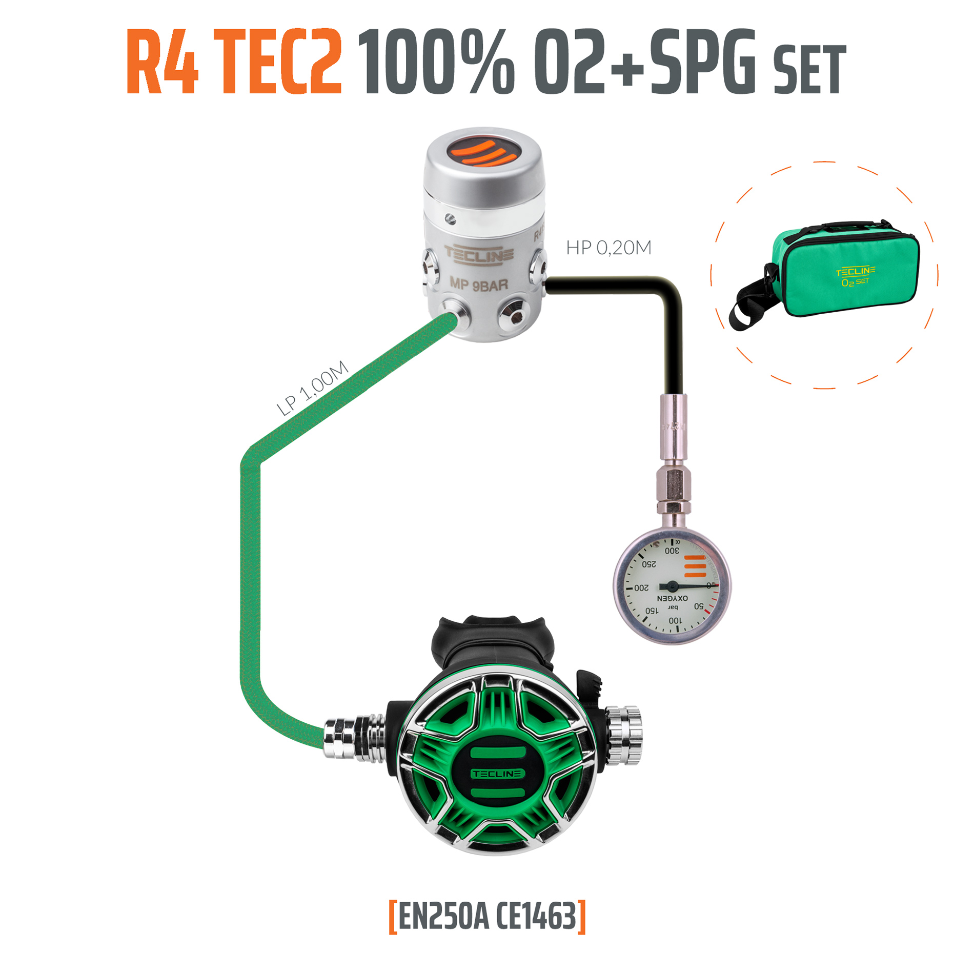 Regulator R4 TEC2 100% O2 M26x2 with SPG, stage set - EN250A – Tecline